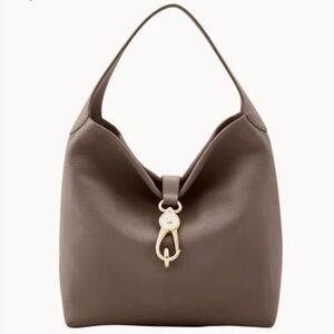Dooney & Bourke Belvedere Logo Lock Leather Taupe Gray Shoulder Bag